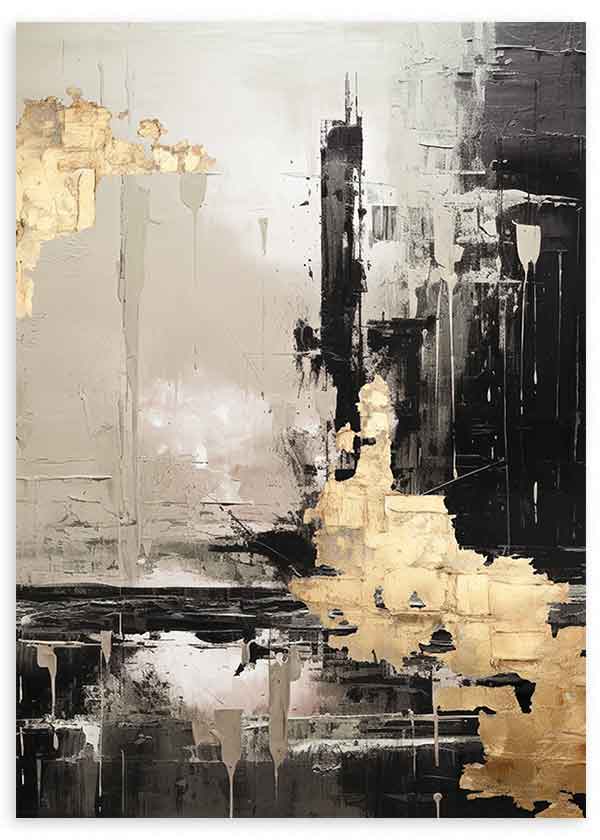 Cuadro con composición abstracta de bloques irregulares en negro, beige, gris y dorado, con contraste intenso y estética contemporánea de estilo abstracto. Disponible en kudeko.com