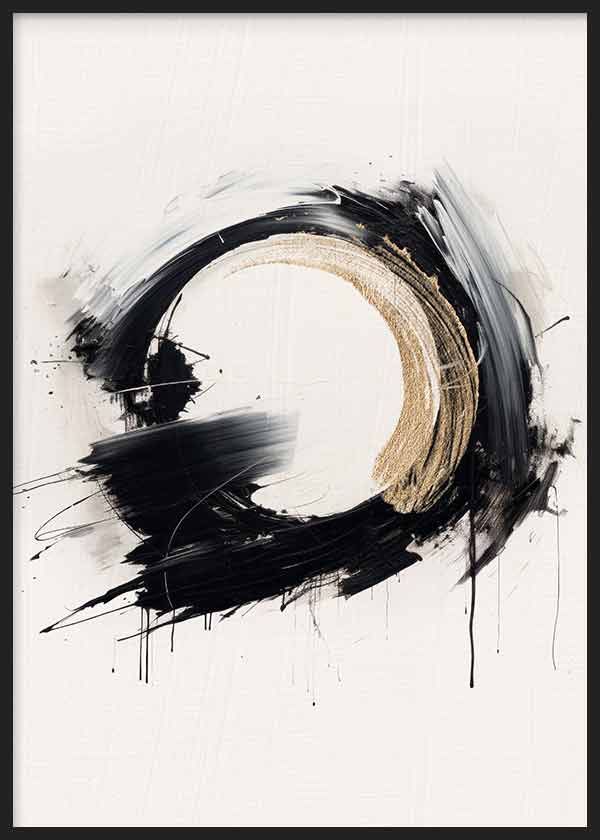 Cuadro con gran forma circular en negro y beige, fondo blanco roto, composición abstracta con salpicaduras y contraste elegante. Disponible en kudeko.com