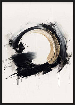 Abstraktes Wandbild mit großer kreisförmiger Form in Schwarz und Beige, gebrochen weißem Hintergrund, Spritzern, breiten Linien und minimalistischem Stil. Erhältlich auf kudeko.com