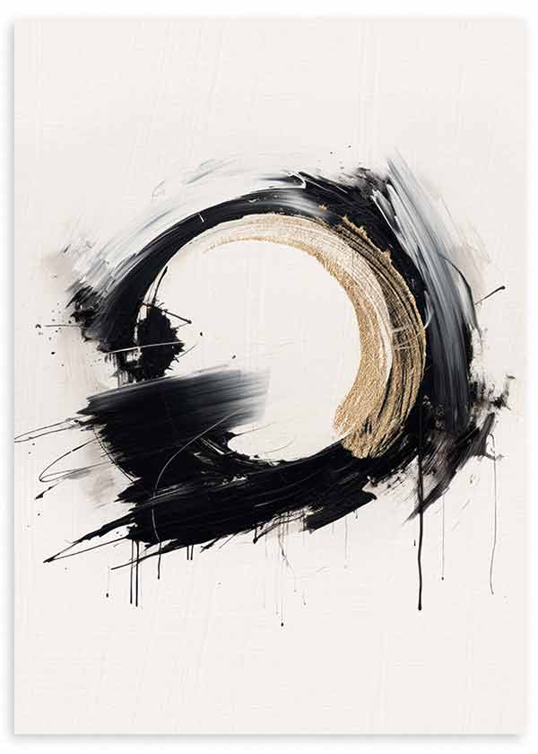 Cuadro con gran forma circular en negro y beige, fondo blanco roto, composición abstracta con salpicaduras y contraste elegante. Disponible en kudeko.com