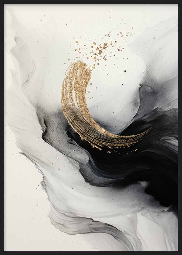 Cuadro con composición abstracta de trazo curvo dorado, manchas fluidas negras, grises y blancas, contraste elegante y estilo abstracto. Disponible en kudeko.com