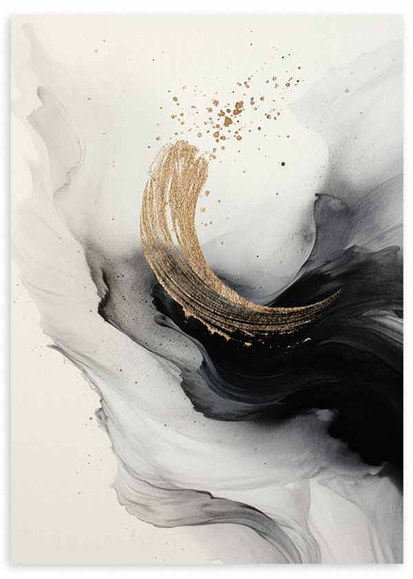 Cuadro con composición abstracta de trazo curvo dorado, manchas fluidas negras, grises y blancas, contraste elegante y estilo abstracto. Disponible en kudeko.com