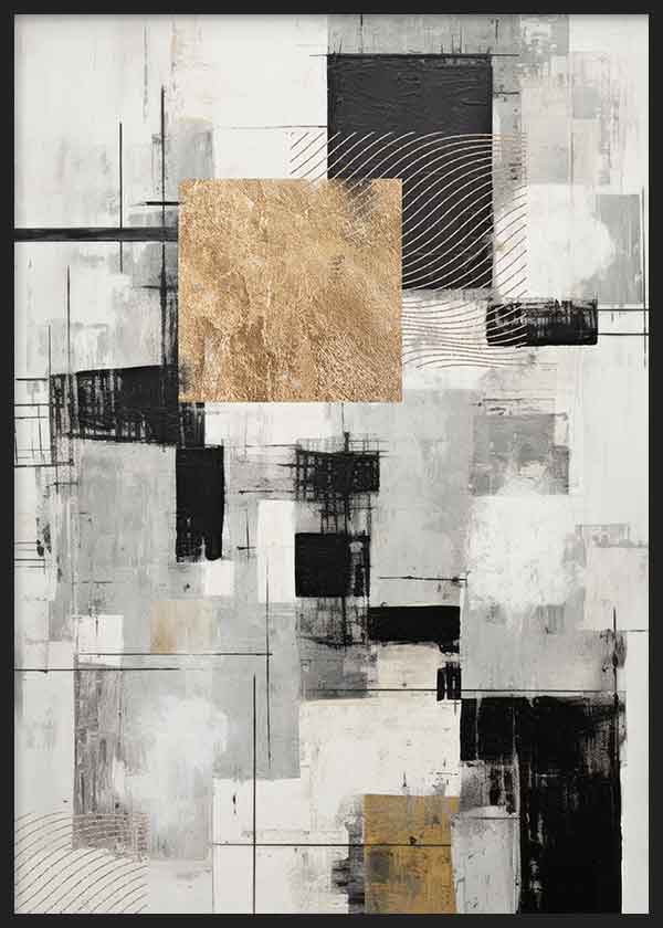 Cuadro con composición abstracta de bloques geométricos en negro, gris, blanco y dorado, con líneas finas y contraste moderno de estilo abstracto. Disponible en kudeko.com