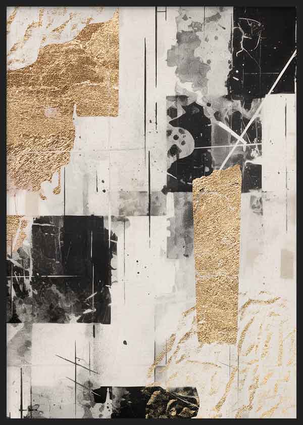 Cuadro de composición abstracta con bloques negros, grises y blancos, acentos dorados texturizados y líneas geométricas finas, de estilo abstracto. Disponible en kudeko.com