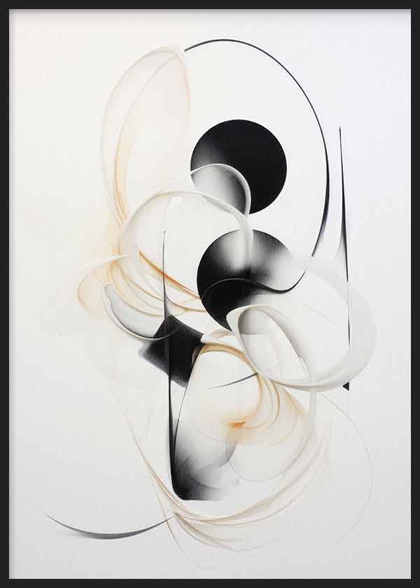 Cuadro con composición abstracta de círculos negros, curvas suaves, transparencias grises y matices beige sobre fondo blanco, de estilo abstracto. Disponible en kudeko.com