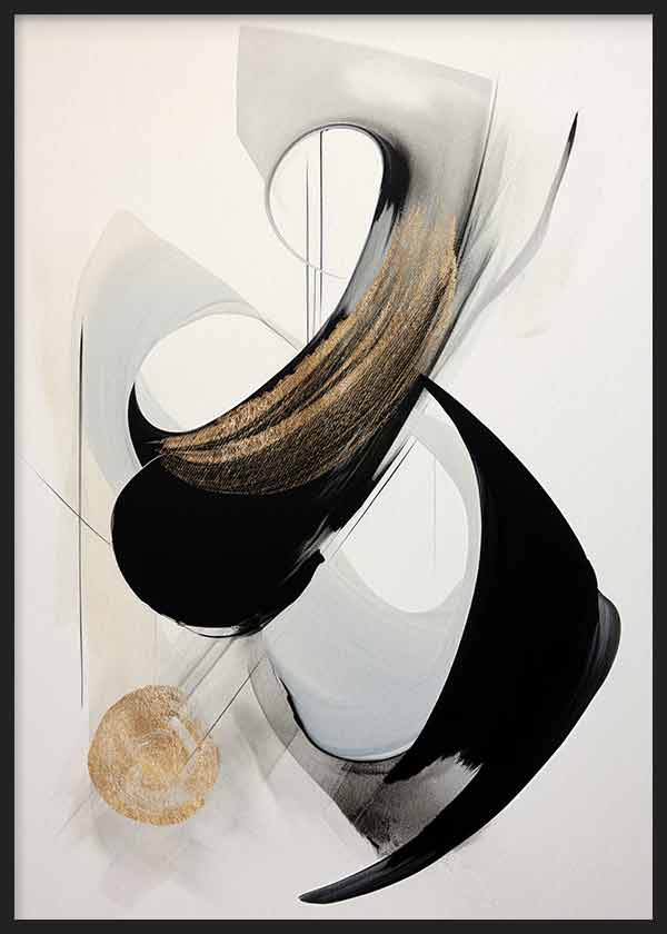 Tableau à composition abstraite avec courbes noires, gris doux, formes circulaires, plans translucides et détails dorés sur fond blanc, dans un style contemporain. Disponible sur kudeko.com