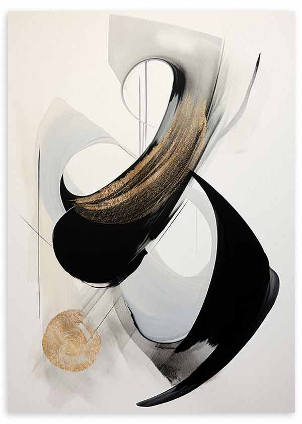 Tableau à composition abstraite avec courbes noires, gris doux, formes circulaires, plans translucides et détails dorés sur fond blanc, dans un style contemporain. Disponible sur kudeko.com