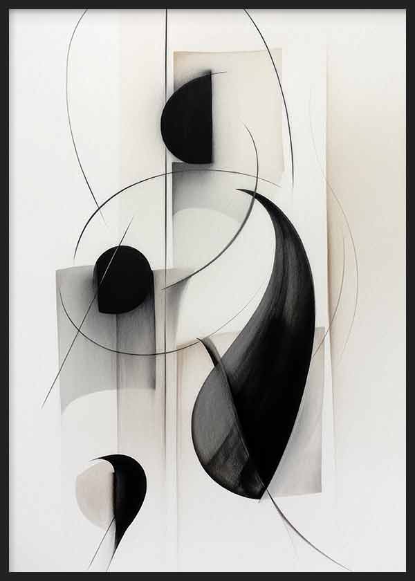 Tableau avec composition abstraite de courbes noires, demi-cercles sombres, voiles gris, fond blanc et fines lignes superposées dans un style abstrait contemporain. Disponible sur kudeko.com