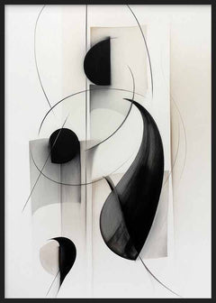 Tableau avec composition abstraite de courbes noires, demi-cercles sombres, voiles gris, fond blanc et fines lignes superposées dans un style abstrait contemporain. Disponible sur kudeko.com