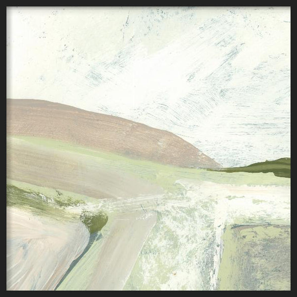 Cuadro cuadrado con paisaje abstracto de colinas suaves, campos claros en verde salvia, beige arena, blanco roto y detalles grisáceos, de estilo naturaleza y paisajes. Disponible en kudeko.com
