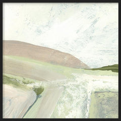 Cuadro cuadrado con paisaje abstracto de colinas suaves, campos claros en verde salvia, beige arena, blanco roto y detalles grisáceos, de estilo naturaleza y paisajes. Disponible en kudeko.com