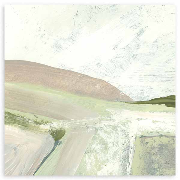 Quadro quadrado com paisagem abstrata de colinas suaves e campos claros em verde sálvia, bege areia, branco partido e detalhes acinzentados, em estilo natureza e paisagem. Disponível em kudeko.com
