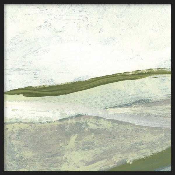 Cuadro cuadrado con composición abstracta de bandas fluidas y texturas suaves en verde oliva, beige claro, gris azulado y blanco roto, de estilo abstracto. Disponible en kudeko.com