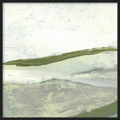 Quadro quadrado com composição abstrata de faixas fluidas e texturas suaves em verde oliva, bege claro, cinzento azulado e branco sujo, num estilo abstrato contemporâneo. Disponível em kudeko.com