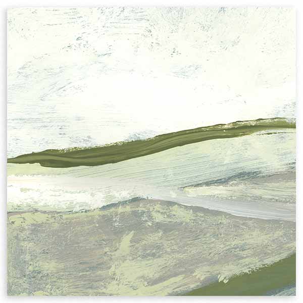 Cuadro cuadrado con composición abstracta de bandas fluidas y texturas suaves en verde oliva, beige claro, gris azulado y blanco roto, de estilo abstracto. Disponible en kudeko.com
