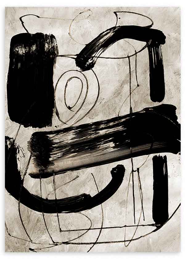 Quadro emoldurado com composição abstrata, traços pretos, linhas curvas, fundo bege texturado e estilo contemporâneo sóbrio para decoração de parede. Disponível em kudeko.com