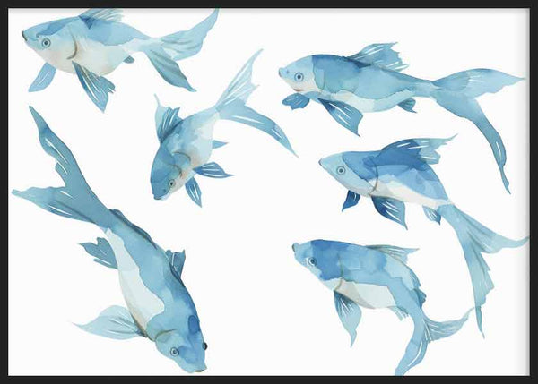 Cuadro horizontal con cinco peces azules en distintas posiciones, fondo blanco, tonos celeste y azul agua, composición limpia de estilo ilustración. Disponible en kudeko.com