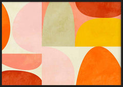 Tableau horizontal avec formes géométriques courbes en orange, corail, rose poudré, jaune moutarde et vert doux, dans un style géométrique moderne sur fond clair. Disponible sur kudeko.com