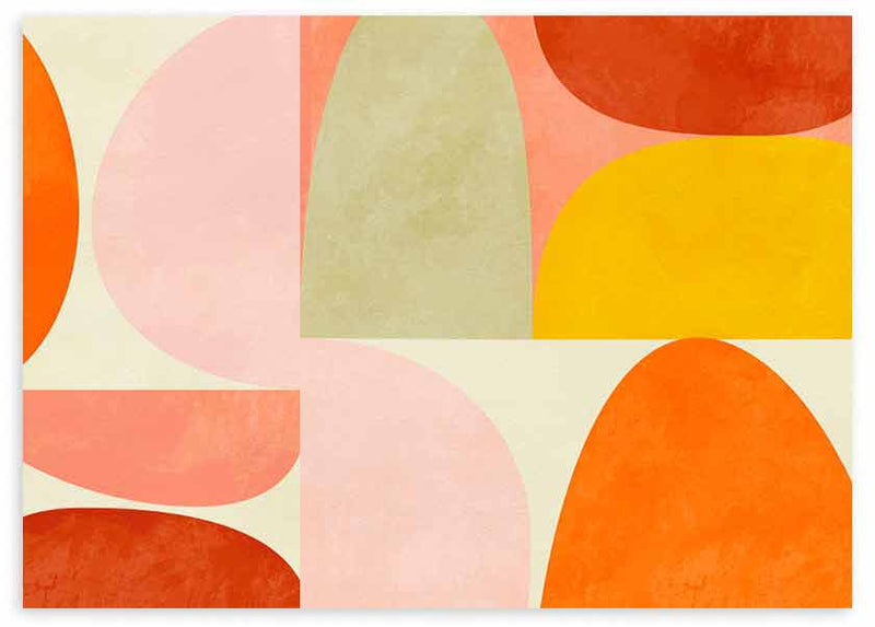 Cuadro horizontal con composición de formas geométricas curvas en naranja, coral, rosa, amarillo y verde suave, de estilo geométrico. Disponible en kudeko.com