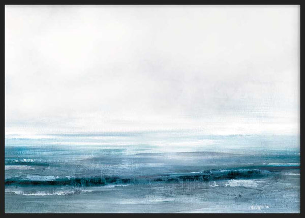 Horizontales Wandbild mit abstrakter Meereslandschaft in Petrolblau, Türkis, sanftem Grau und Weiß, mit diffusem Horizont und ruhiger Atmosphäre im abstrakten Stil. Erhältlich auf kudeko.com