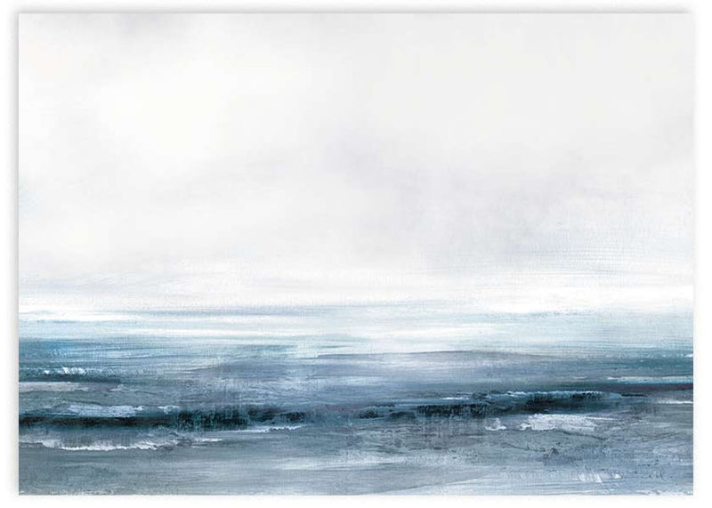 Horizontales Wandbild mit abstrakter Meereslandschaft in Petrolblau, Türkis, sanftem Grau und Weiß, mit diffusem Horizont und ruhiger Atmosphäre im abstrakten Stil. Erhältlich auf kudeko.com