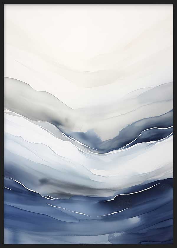 Cuadro con composición abstracta de capas fluidas en azul marino, gris perla y blanco, con efecto etéreo y elegante de estilo abstracto. Disponible en kudeko.com