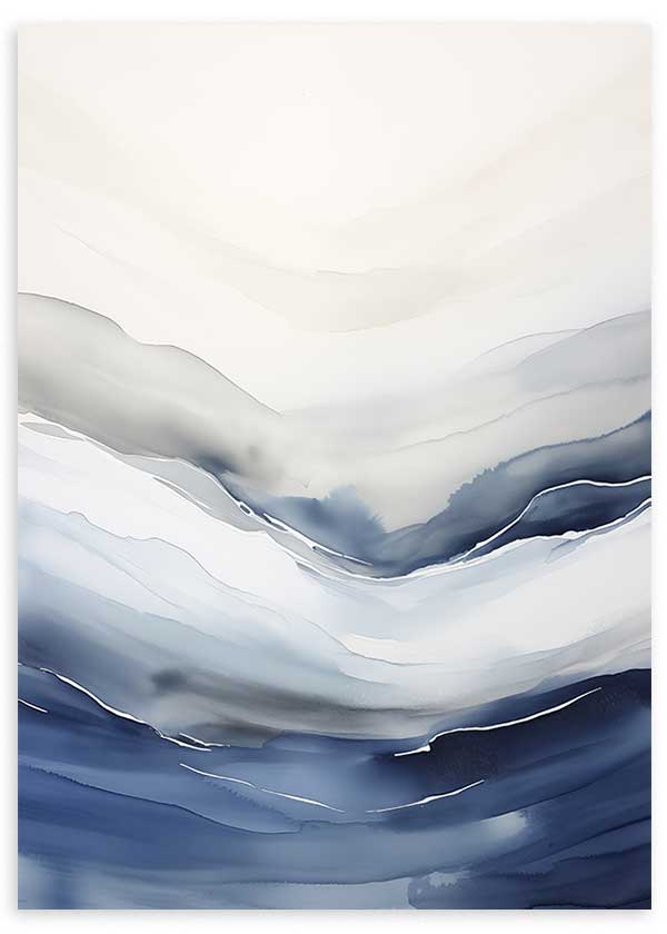 Tableau enmarqué avec composition abstraite de couches fluides bleu marine, gris perle et blanc cassé, dans un style abstrait aérien et élégant. Disponible sur kudeko.com