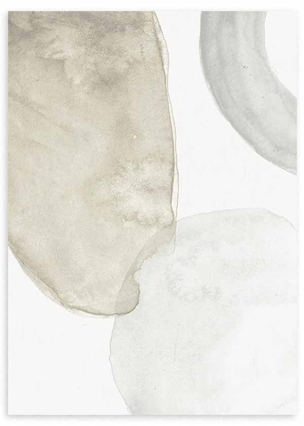 Cuadro con formas abstractas orgánicas en beige suave, gris claro y blanco, composición etérea de estilo minimalista con apariencia ligera y serena. Disponible en kudeko.com
