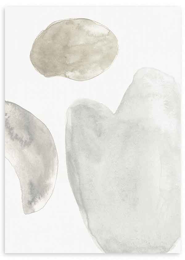Tableau avec composition de formes organiques abstraites en gris clair, beige doux et blanc cassé sur fond blanc, dans un style abstrait épuré et équilibré. Disponible sur kudeko.com