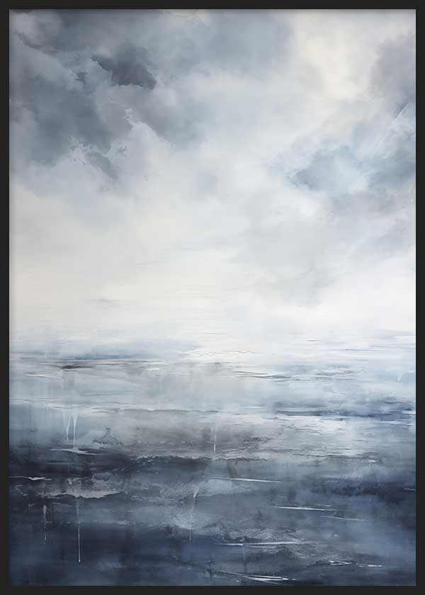 Cuadro de horizonte marino abstracto con nubes suaves, agua serena y tonos azul grisáceo, blanco y antracita, de estilo abstracto. Disponible en kudeko.com