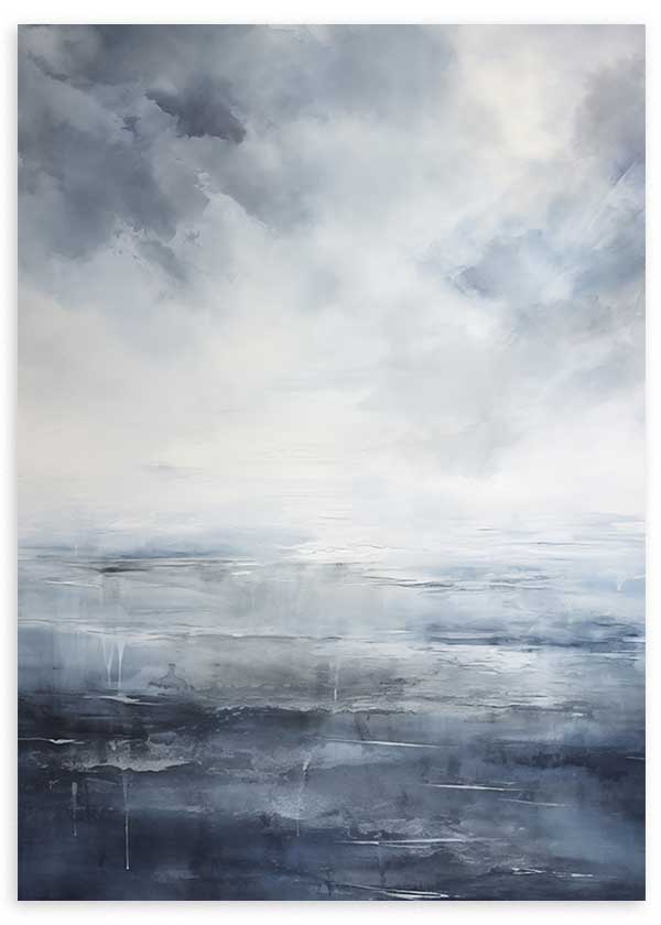 Tableau d’horizon marin abstrait avec nuages légers, eau calme, tons bleu gris, blanc et anthracite, dans un style abstrait épuré et contemporain. Disponible sur kudeko.com