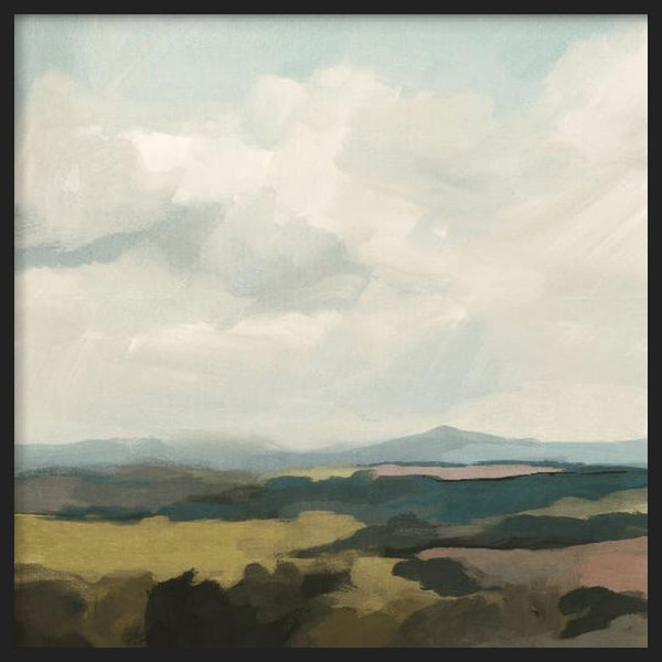 Tableau carré avec paysage de collines diffuses, champs beige et vert olive, ciel nuageux bleu gris et style naturel contemporain pour décoration murale. Disponible sur kudeko.com