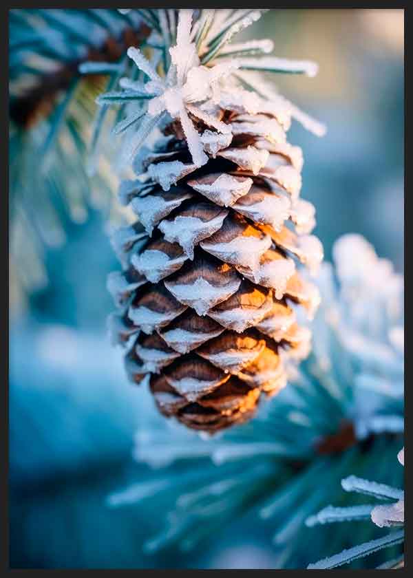 Wandbild mit verschneitem Tannenzapfen zwischen Kiefernzweigen, in Eisblau, frostigem Weiß, warmem Braun und natürlichem fotografischem Stil. Erhältlich auf kudeko.com