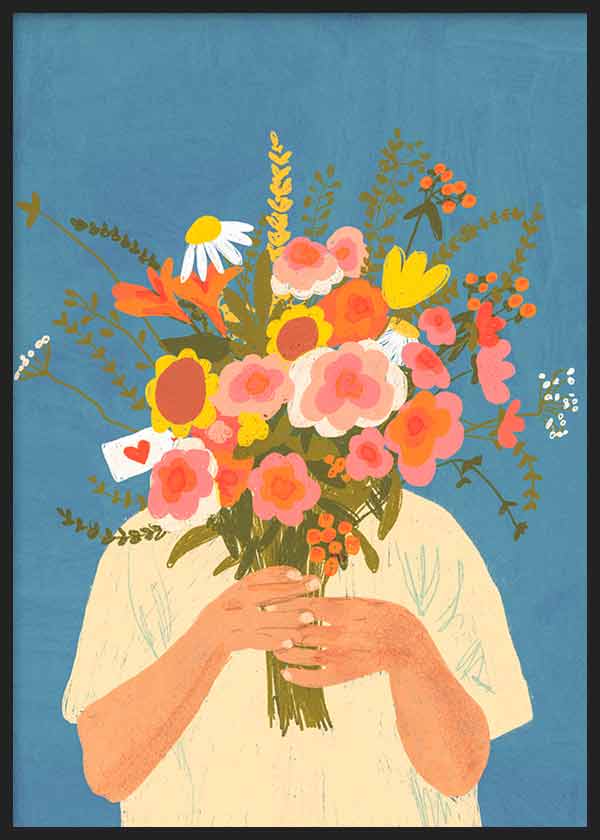 Cuadro de ilustración de mujer sobre fondo azul y ramo de flores. Una de las obras de Gigi Rosado