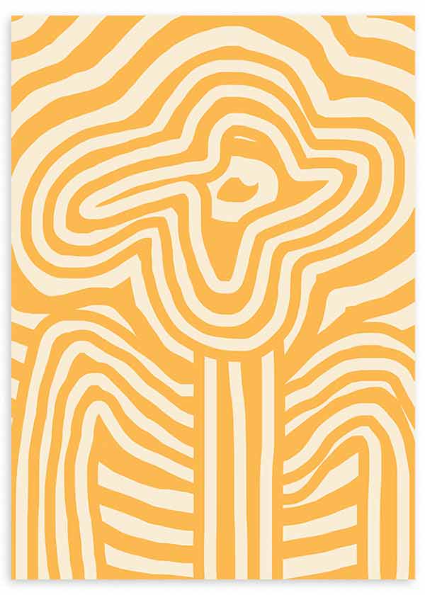 Tableau encadré avec fleur abstraite en jaune moutarde et blanc, lignes ondulées, composition graphique épurée et style illustration moderne. Disponible sur kudeko.com