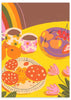 Cuadro de ilustración floral colorida y vintage; café, galletas y frutas sobre mesa amarilla.