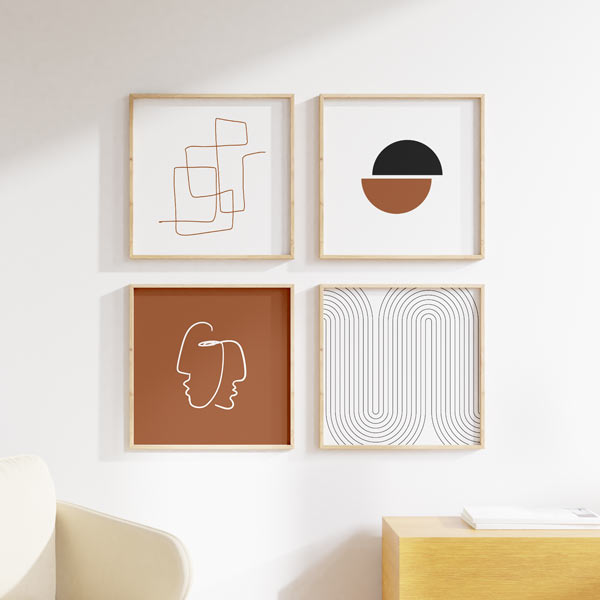 decoración con cuadros, mural - Cuadro cuadrado de ilustración de rostros minimalista y abstracta en blanco y marrón. Una obra sencilla pero muy elegante.