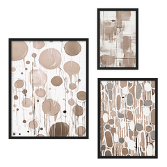 Ensemble de trois tableaux avec cercles, lignes et formes organiques allongées en beige, taupe, gris et blanc, dans un style abstrait équilibré et épuré. Disponible sur kudeko.com