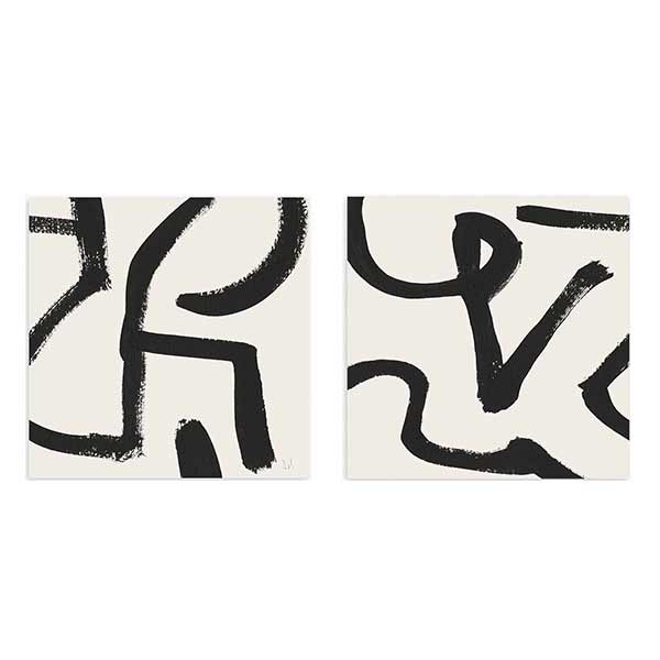 Conjunto de dos cuadros con líneas curvas negras gruesas sobre fondo blanco roto, composición abstracta de alto contraste y estilo minimalista. Disponible en kudeko.com