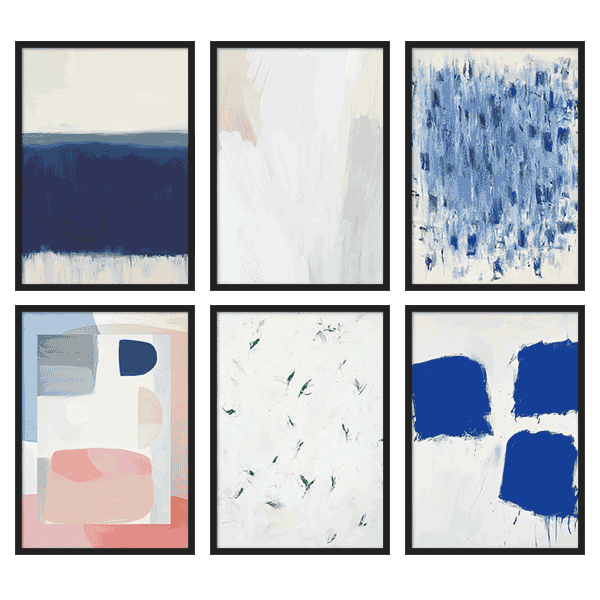Conjunto de seis cuadros abstractos en tonos azules y neutros con marco negro, kudeko.com

