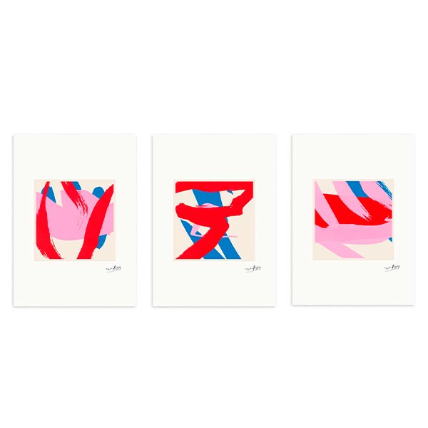 Conjunto de tres cuadros con ilustraciones abstractas y coloridas, tonos rosa, rojo y azul.