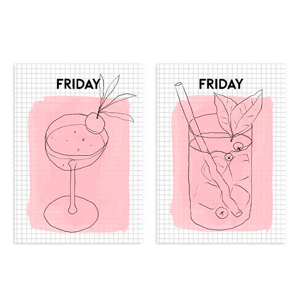 Conjunto de dos cuadros, ilustraciones artísticas de cócteles sobre fondo rosa y palabra "Friday"