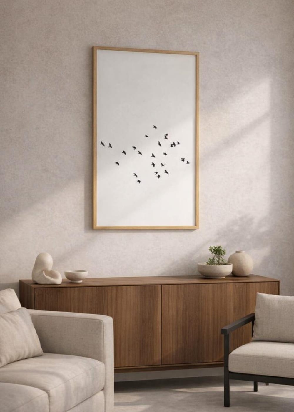 Cuadro con bandada de pájaros negros en vuelo sobre fondo blanco amplio, composición ligera de alto contraste y estilo minimalista. Disponible en kudeko.com