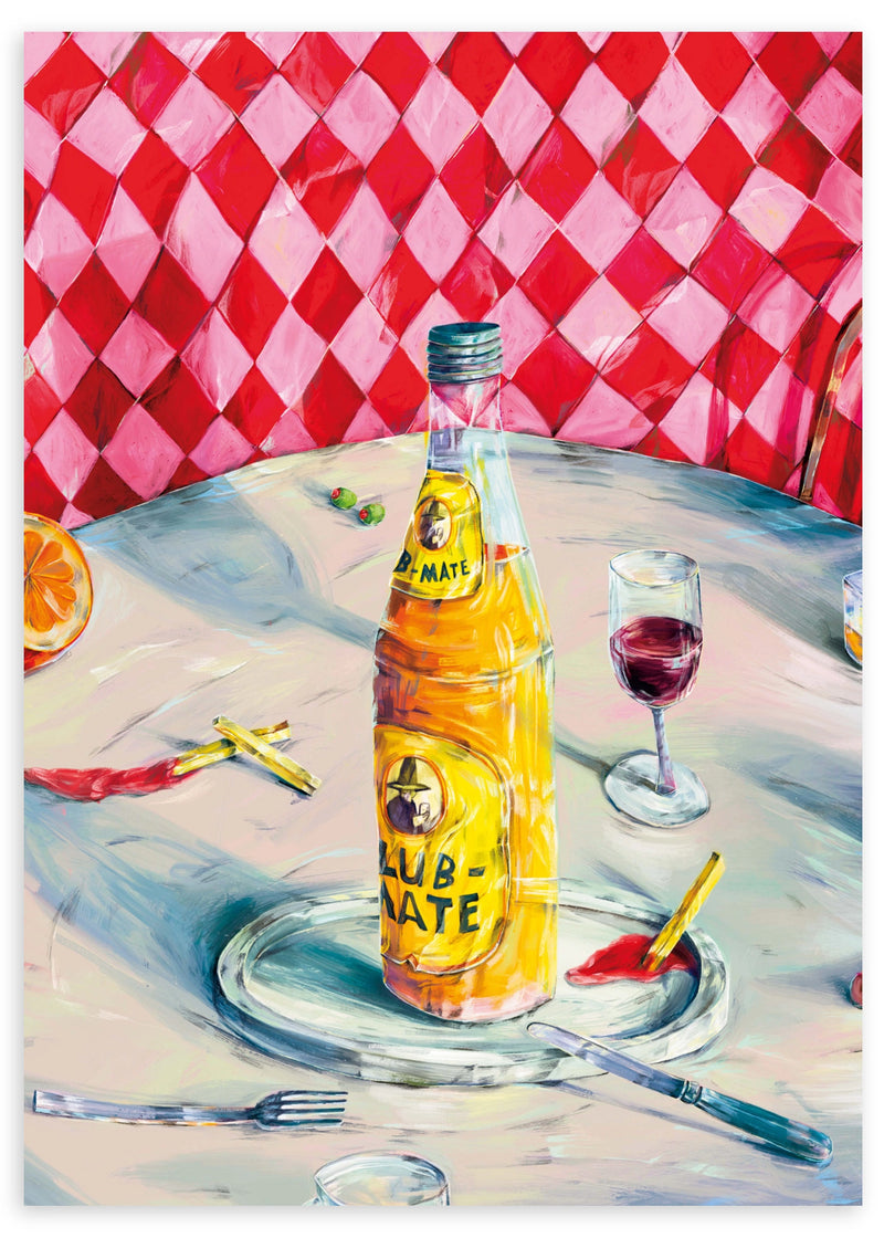 Lámina decorativa sin marco de estilo colorido y abstracto, bodegón vibrante de mesa con botella y copa, modelo Vibrant Table Still Life