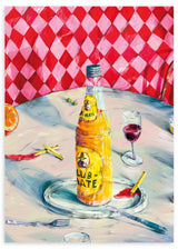 Lámina decorativa sin marco de estilo colorido y abstracto, bodegón vibrante de mesa con botella y copa, modelo Vibrant Table Still Life