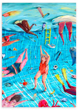 Lámina decorativa sin marco de estilo colorido y minimalista, escena surrealista y divertida bajo el agua en una piscina, modelo Surreal Pool Fun