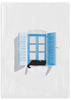 Lámina decorativa sin marco de estilo minimalista y blanco_y_negro, gato negro en ventana azul, modelo Gato en la ventana