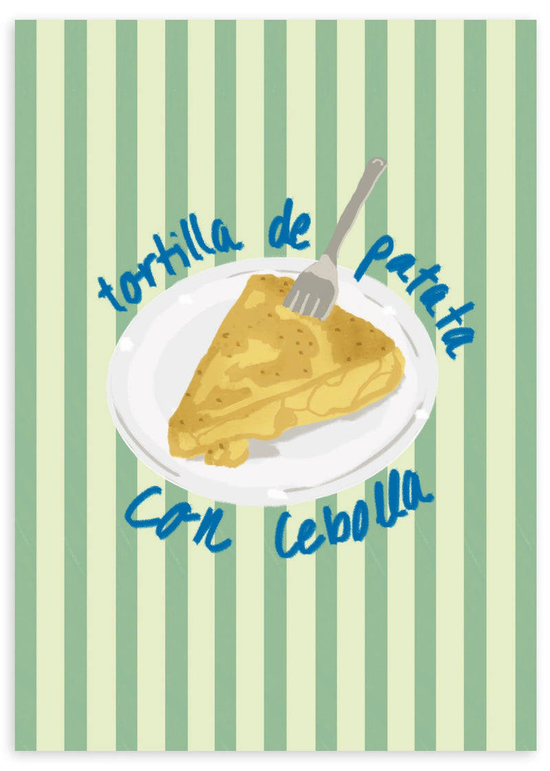 Tableau décoratif sans cadre de style minimaliste en noir et blanc, illustration gastronomique de tortilla de patatas avec oignon, modèle Tortilla de patatas con cebolla. Disponible sur kudeko.com