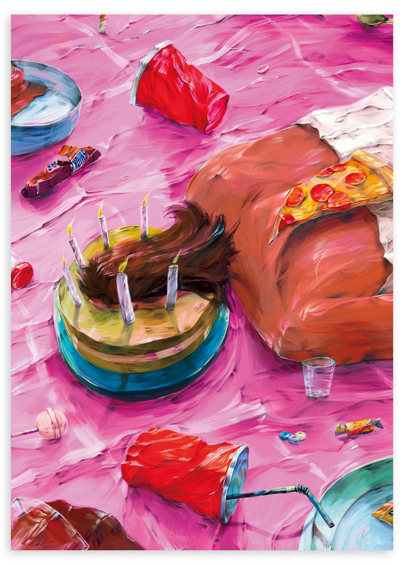 Lámina decorativa sin marco de estilo minimalista y ilustración, escena surrealista de resaca de cumpleaños, modelo Birthday Indulgence Nap