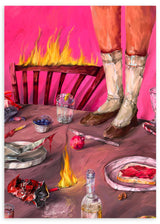 Lámina decorativa sin marco de estilo minimalista y ilustración, escena surrealista de mesa en llamas, modelo Surreal Burning Table